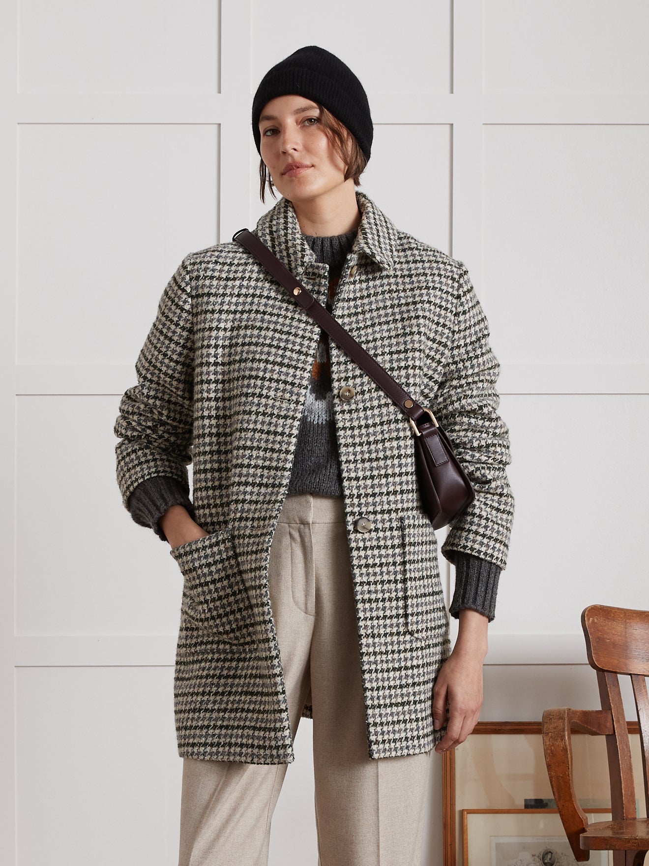 Women's short large houndstooth woolen coat - Image 5