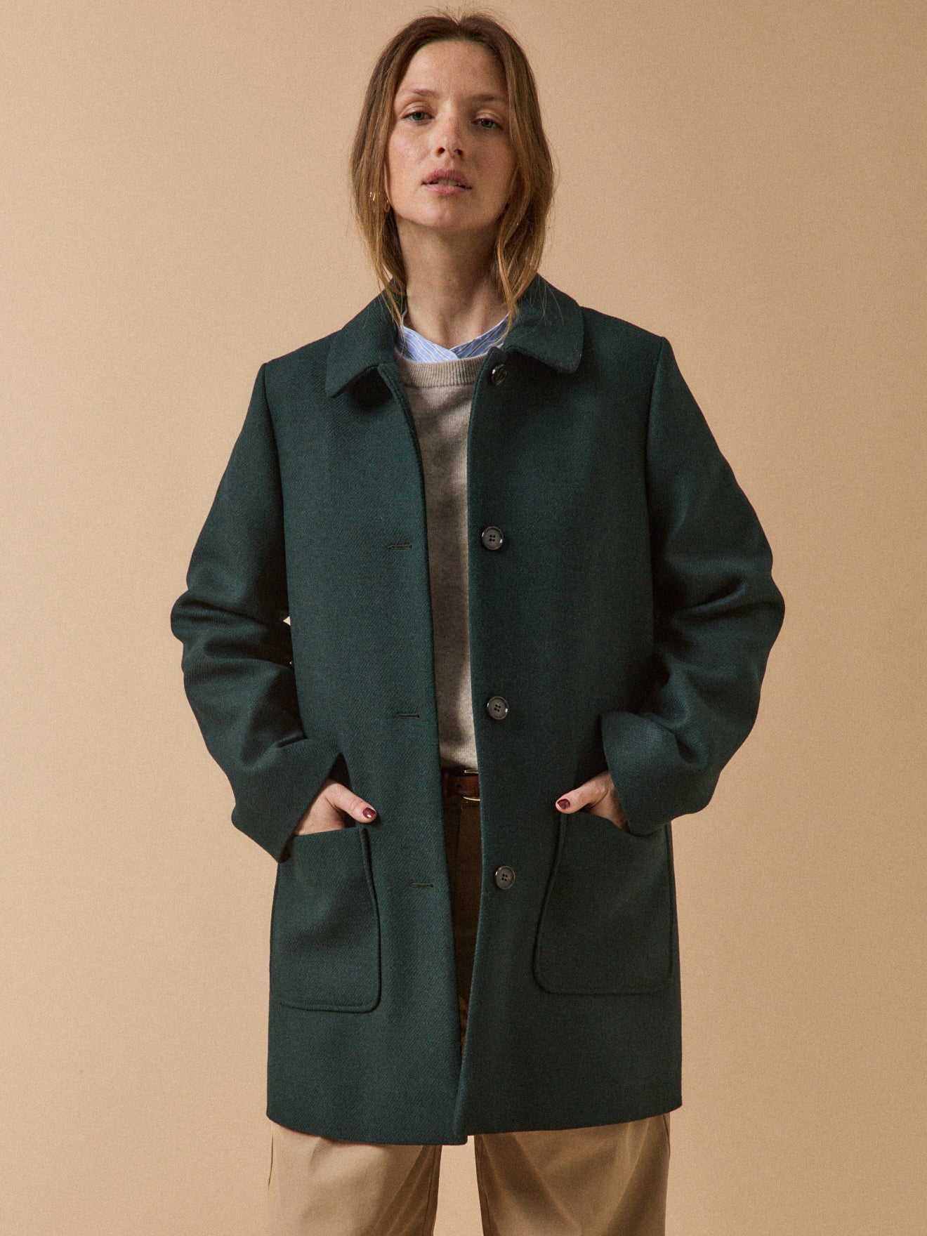 Women's plain textured woolen coat - Image 6