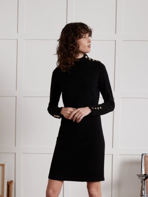 Women's sweater-dress with high neckline and golden buttons