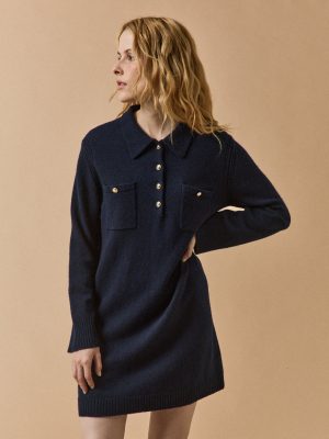 Women's sweater-dress with polo shirt collar and golden buttons