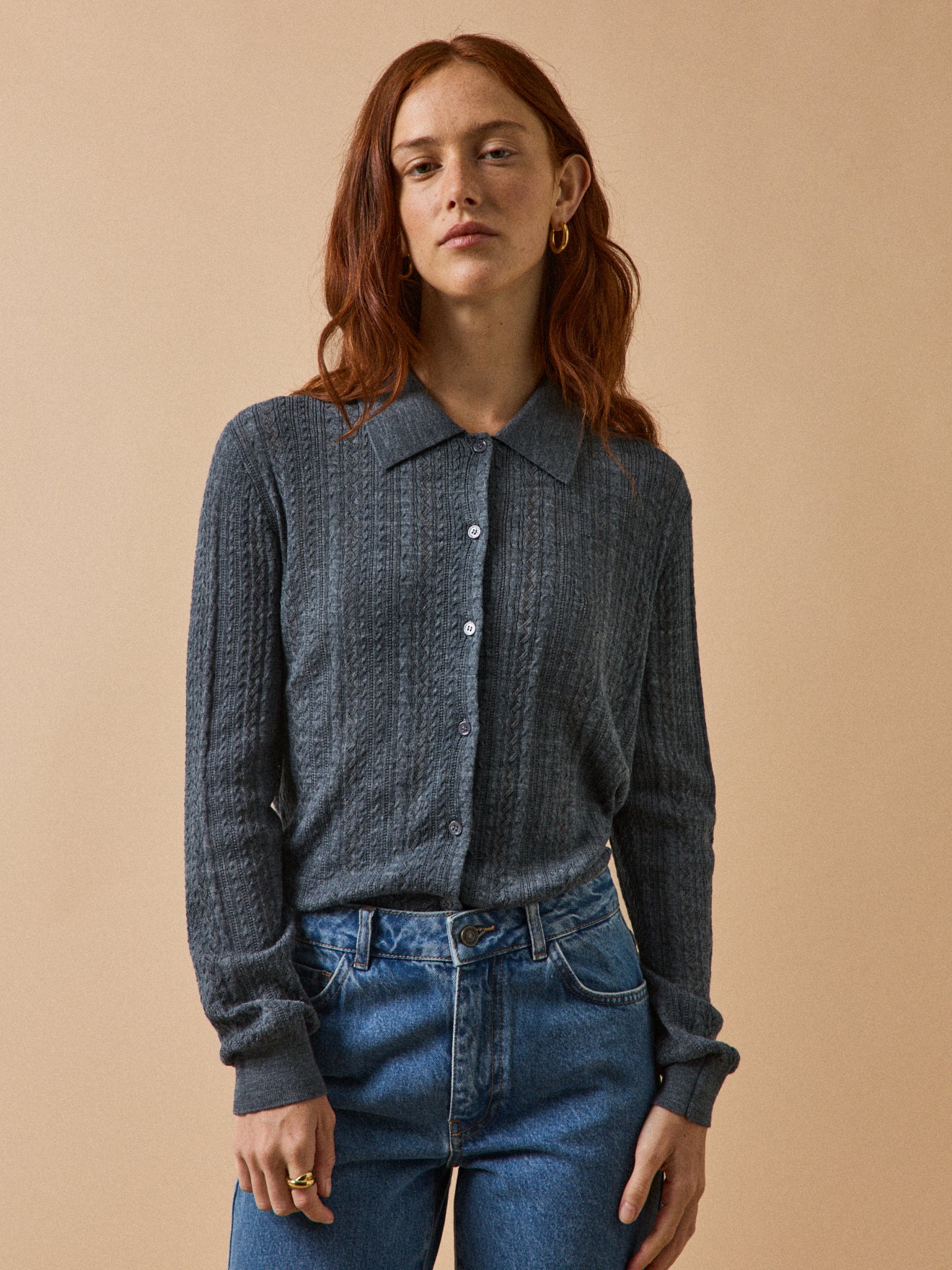 Women's openwork cardigan with shirt collar - Image 3